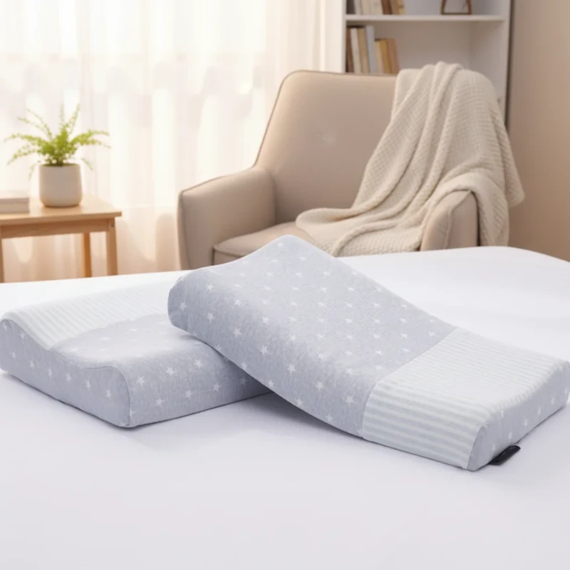 Childrens-Neck-Support-Latex-Pillow-Natural-Latex-Filling-100-Cotton-Cover-Wave-Shape-Striped-Pattern