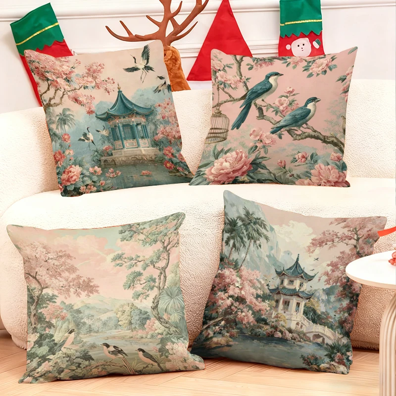 Chinoiserie-style-throw-pillows-with-birds-cherry-blossoms-and-pagodas-for-cozy-living-room-sofa
