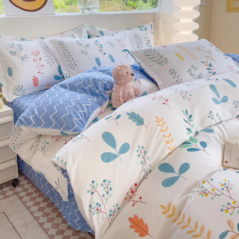Class-a-Thickened-and-Ground-Small-Fresh-Washed-Cotton-Quilt-Cover-Bed-Sheet-Pillowcase-Four-piece-Set