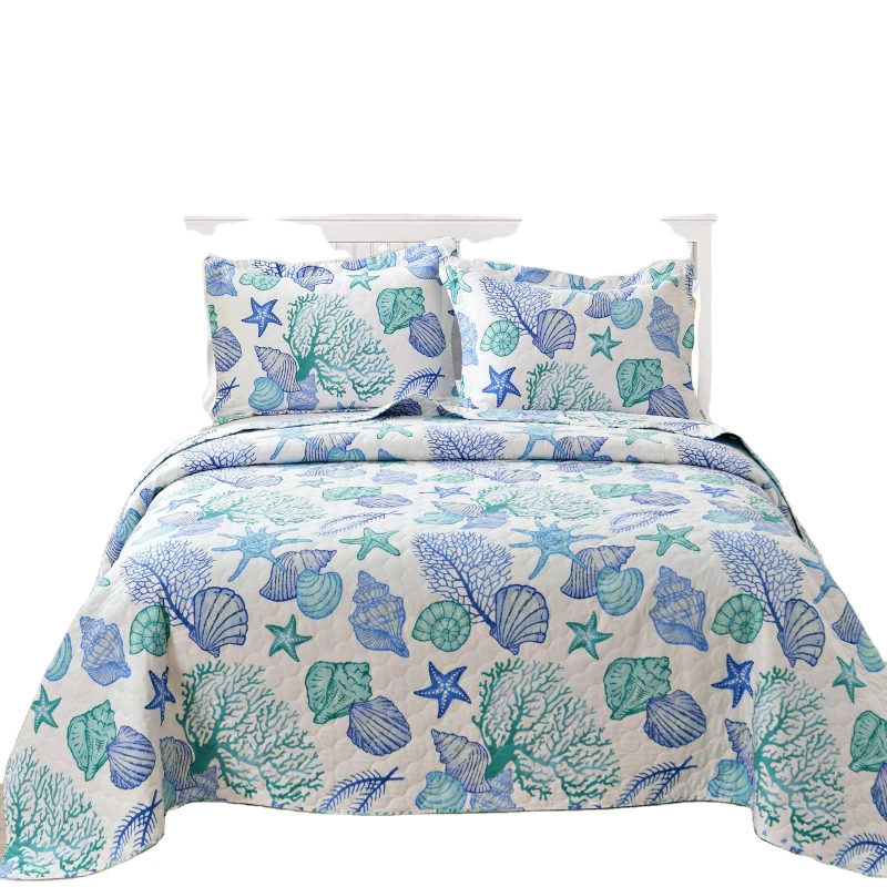 Coastal-Quilts-3-Pcs-Quilt-Set-Cool-Summer-King-Size-Blue-Green-100-Polyester-60-QSY-American-Style-Bed-Spread