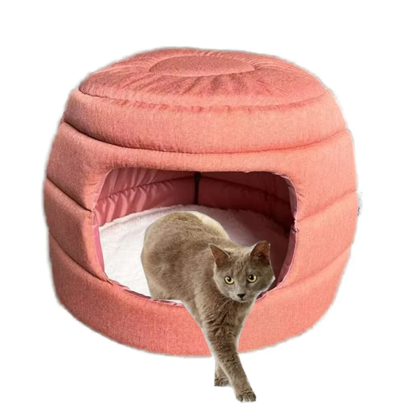 Comfortable-2-in-1-Hideaway-Pet-Bed-Linen-Round-Shape-Solid-Color-Durable-Sponge-Cozy-Nest-for-Cats-Dogs