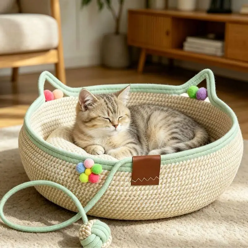 Comfortable-Round-Cotton-and-Linen-Pet-Bed-Handmade-Japanese-Style-Nest-Design-Portable-Cooling-Bed-for-Cats-and-Dogs