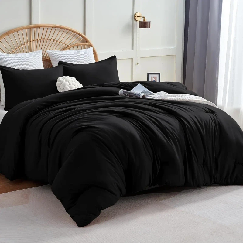 Comforter-Set-Black-4-Piece-Solid-100-Cotton-Eco-Friendly-300tc-Breathable-Quilted-Soft-All-Season-Bedding-Set
