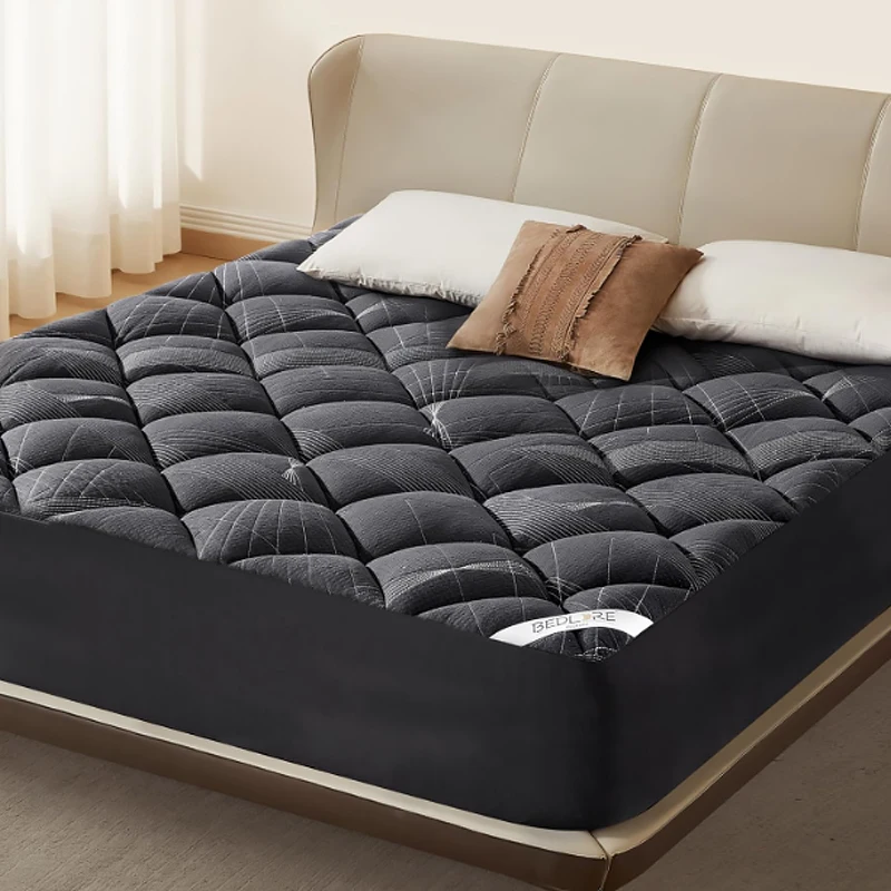 Cooling-Quilted-Mattress-Pad-Topper-Bamboo-Breathable-Thick-Bedding-with-Elastic-Bed-Skirts-White-Gray-Queen-Size