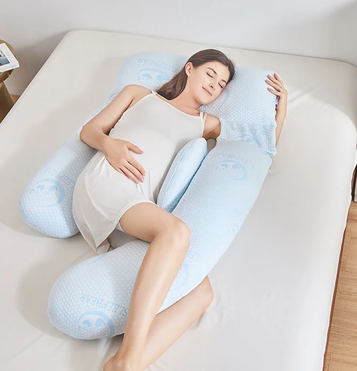 Cooling-Soft-OEKO-TEX-Certified-Polyester-Cotton-Sky-Blue-U-Shaped-Full-Body-Pillow-200TC-Fabric-for-Pregnancy-Sleep-All-Season