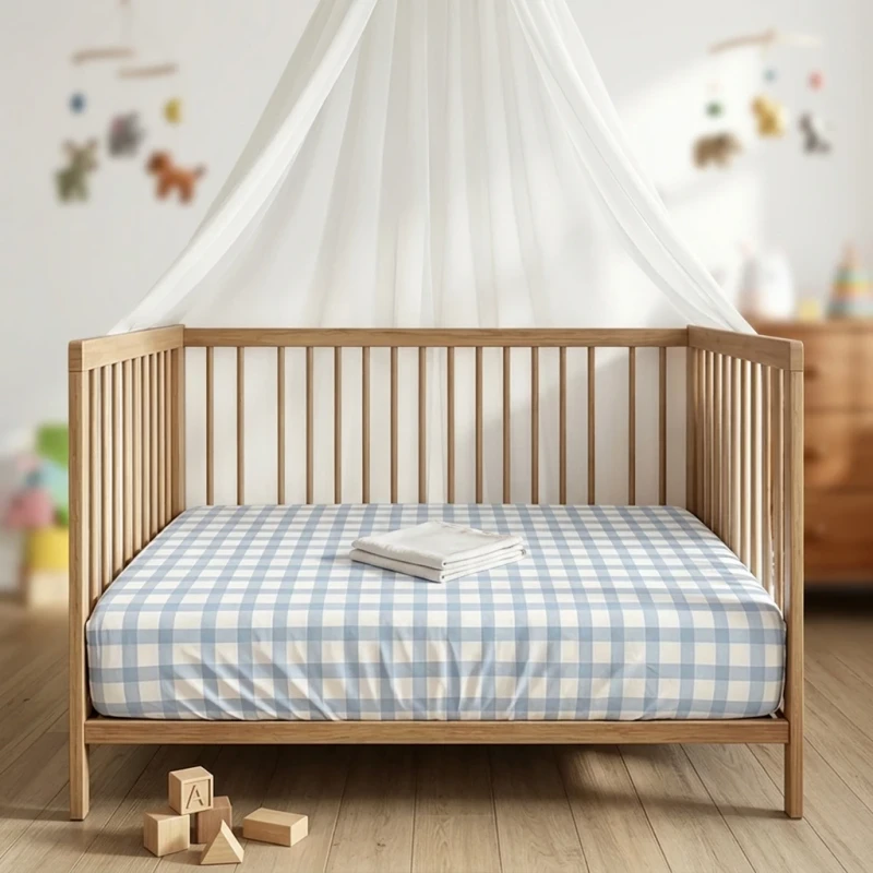 Cotton-Crib-Bedding-Easy-to-Care-Breathable-Fitted-Sheet-for-Standard-Toddler-Crib-Mattress-Printed-Gingham