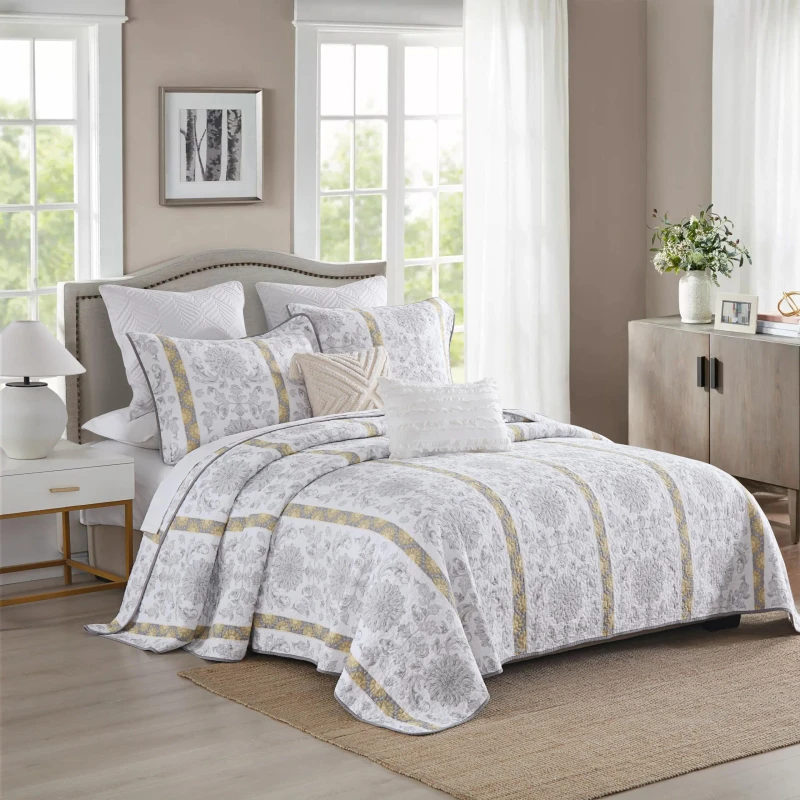 Cotton-King-Size-Grey-Yellow-White-Striped-Paisley-Bedspread-Quilt-Sets