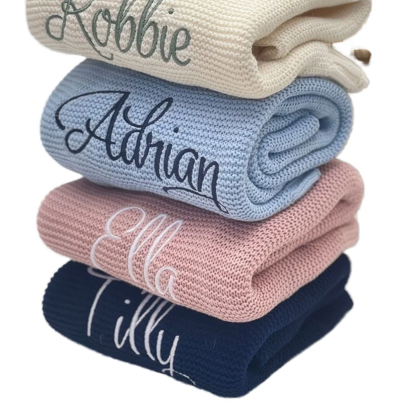 Cotton-Knitted-Baby-Blanket-Soft-Breathable-Stroller-Blanket-Personalized-Embroidered-Name-Fun-Animal-Cartoon-Baby-Showers