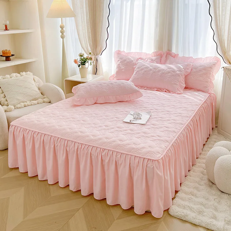 Cotton-Padded-300tc-Eco-Friendly-Breathable-Modern-Bed-Skirt-Set-Soft-Washed-Cotton-Solid-Colored-Three-Piece-Set