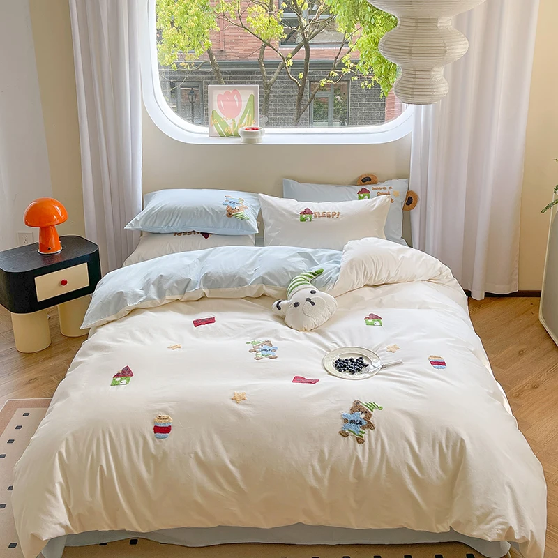Cotton-Thickened-Washed-Cotton-Towel-Embroidery-Series-Four-piece-Childrens-Bed-Sheet-Duvet-Cover-Set
