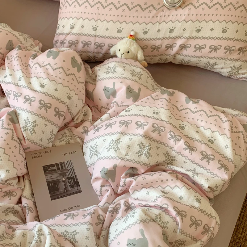 Cotton-Washed-Double-Layer-Yarn-4PCS-Bedding-Sets-Flat-Sheet-Lovely-Pattern-100-Cotton-Duvet-Cover-Bedding-Sets
