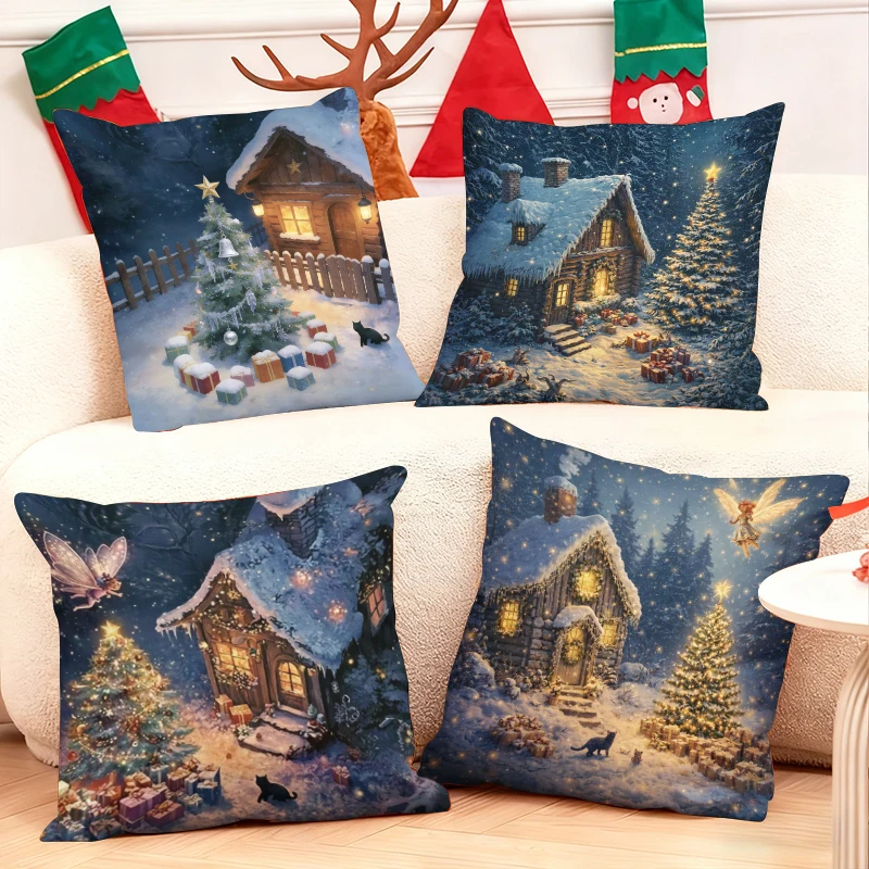 Cozy-Christmas-village-scenes-on-festive-throw-pillows-with-snow-trees-and-warm-lights-for-holiday-decor