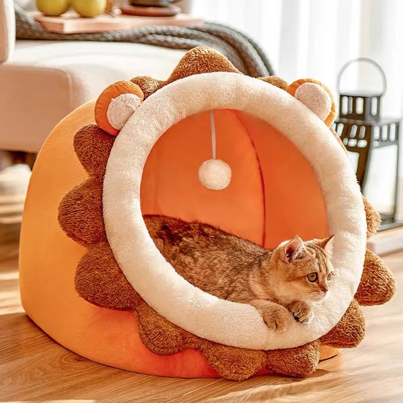 Cozy-Corduroy-Cat-Bed-Lion-Pattern-Semi-Enclosed-Plush-Pet-Sofa-Kennel-House-Linen-Comfortable-Indoor-Home-for-Cats-Dogs