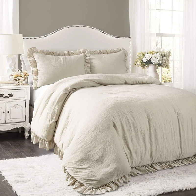 Cozy-Ruffle-Comforter-Set-All-Season-Soft-Bedding-Set-with-Matching-Sham-Decorative-Pillow-King-Wheat