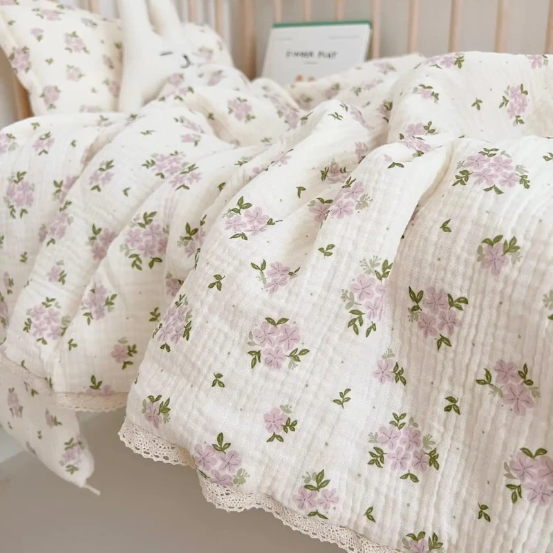 Cream-Cotton-Muslin-Quilted-Quilt-with-Pink-Floral-Design-and-Lace-Eco-Friendly-for-First-Use-and-Home-Decor