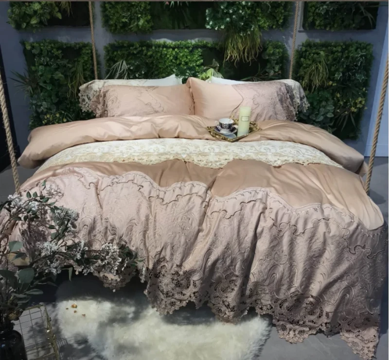 Cream-Isabella-Elegant-Bedding-Set-Double-Bedspread-Lace-Pattern-Woven-Flat-Bed-Sheet-European-American-Style