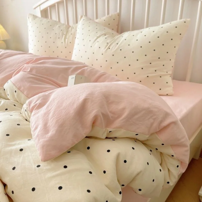 Cream-Style-Polka-Dot-Washed-Cotton-Eco-Friendly-Comforter-Set-Skin-Friendly-Soft-Dorm-Three-Piece-Bedding-Set-for-Girls