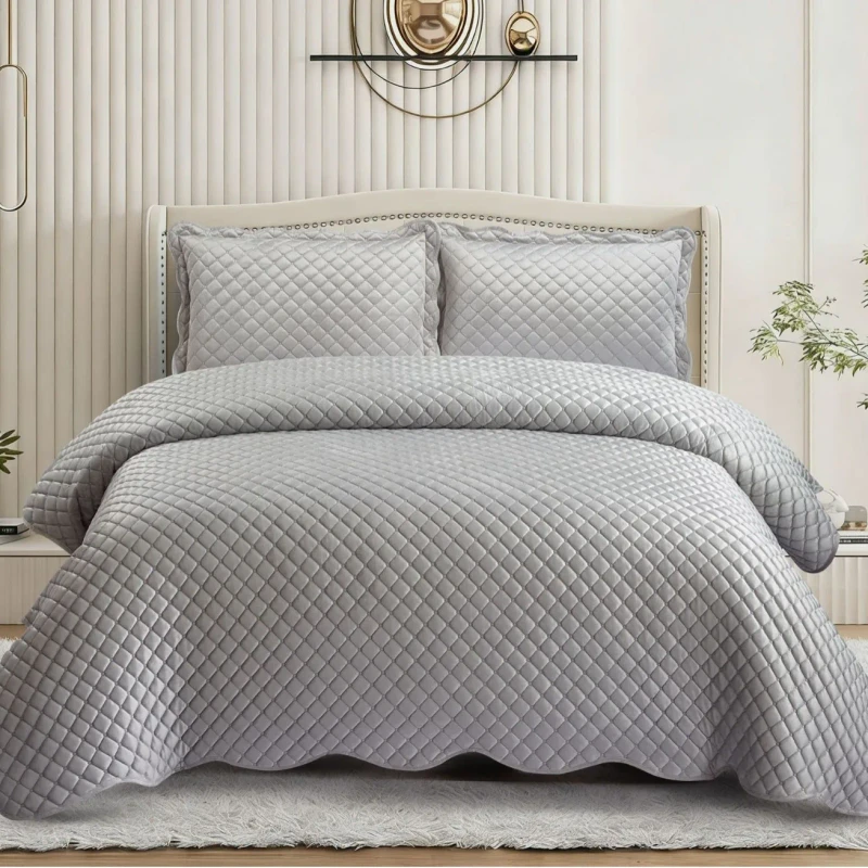 Cross-Border-Bed-Cover-Three-Piece-Set-3D-Ultrasonic-Flannel-Solid-Color-Quilted-Blanket-Brick-Stone-Pattern-Light-Luxury-High