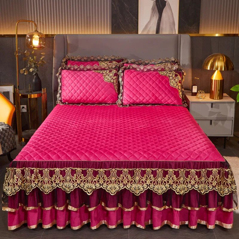 Crystal-Velvet-Bed-Skirt-Set-with-Lace-Trim-Quilted-Look-Soft-Warm-Solid-Color-Sizes-Customization-Available