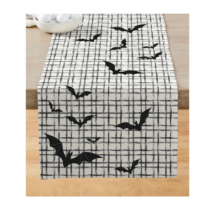 Custom-Black-White-Embroidered-Spider-Halloween-Light-Luxury-Polyester-Table-Runner-Machine-Washable
