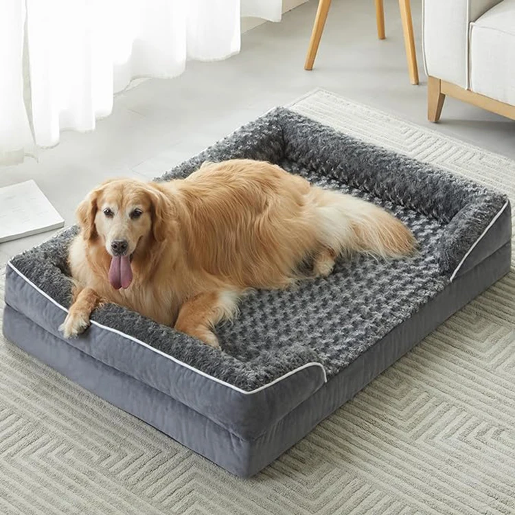 Custom-Dark-Gray-Orthopedic-Calming-Chew-Proof-Dog-Bed-Memory-Foam-Deep-Sleep-Plush-Pet-Bed-with-4-Sides-Pillow