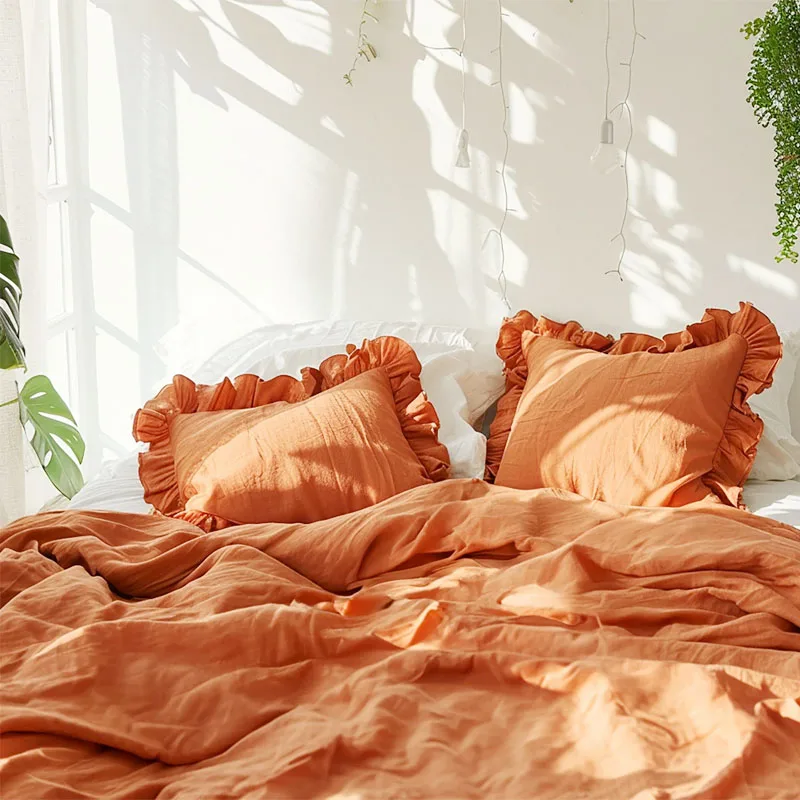 Custom-French-Pure-Linen-Yarn-dyed-Stripe-Ruffled-Linen-Bedding-Set