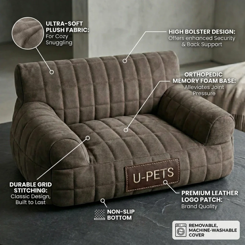Custom-High-Quality-Quilted-Plaid-Suede-Plush-Pet-Sofa-Chair-Luxury-Dog-Cat-Bed-OEM-ODM-Manufacturer