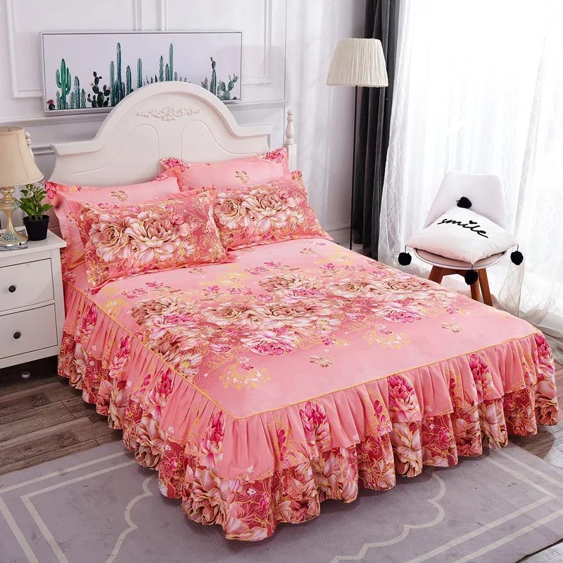 Custom-King-Size-Bedding-Cover-Polyester-Silk-Non-slip-Ruffles-Lace-Bed-Skirt-Set
