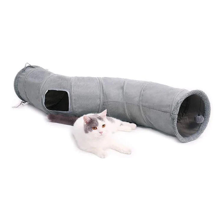 Custom-Large-Cozy-Dog-Cat-Cave-Play-Tunnel-Bed-Indoor-Soft-Grey-Plush-Collapsible-Cat-Hole-Tunnel-Nest-Bed-with-Ball