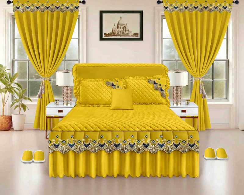 Custom-Logo-12-Piece-Quilted-Bed-Skirt-Set-with-Ruffled-Lace-Trim-and-Luxurious-Embroidery-Complete-with-Matching-Curtains