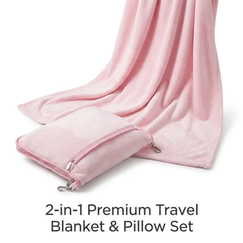 Custom-Logo-2-in-1-Premium-Pink-Microplush-Foldable-Portable-Warm-Travel-Blanket-Pillow-Set-with-Luggage-Strap-Backpack-Clip