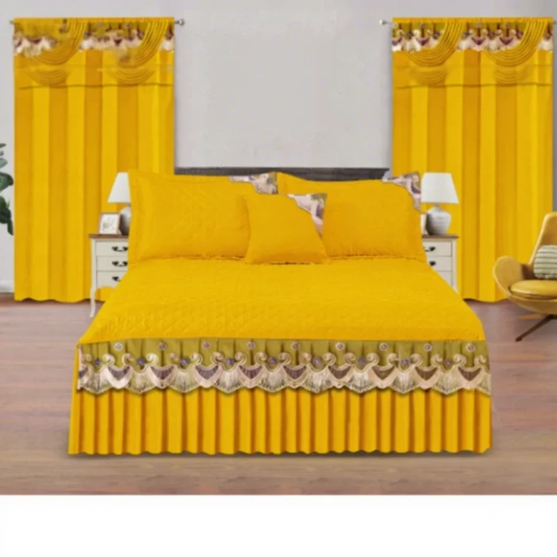 Custom-Logo-5pcs-Modern-Embroidered-Quilted-Lace-Ruffles-Bedskirt-Sheet-Set-Matching-Curtains-Home-or-Hotel-Use