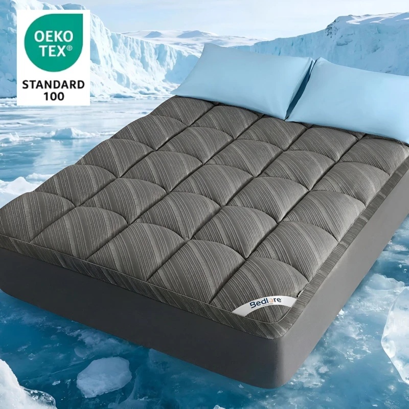 Custom-Logo-Grey-Hotel-Quality-Queen-Cooling-Mattress-Topper-Soft-Fluffy-Pillow-Top-Breathable-Mattress-Pad-for-Back-Pain