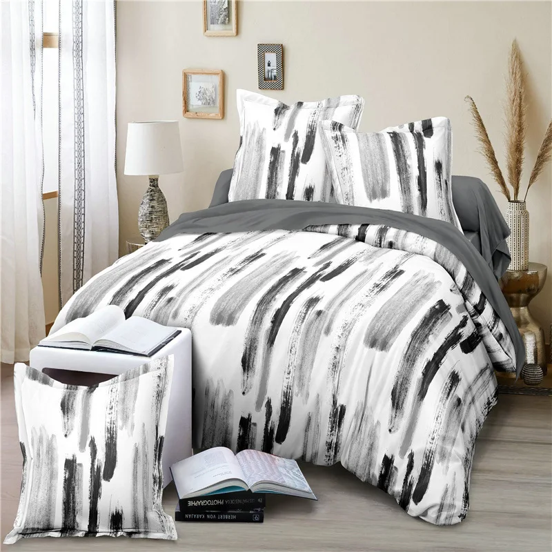 Custom-Microfiber-Simple-Style-White-Black-Printing-Leaves-Plants-Design-Bedding-Set-3pc-Quilt-Cover-Bed-Sheet-Set
