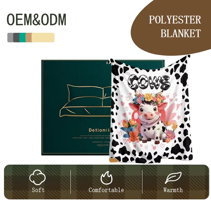 Custom-OEM-ODM-Cow-Print-Cartoon-Raschel-Throw-Blanket-100-Polyester-Four-Seasons-Pink-Yellow-Flowers-Heart-for-Girls-Kids