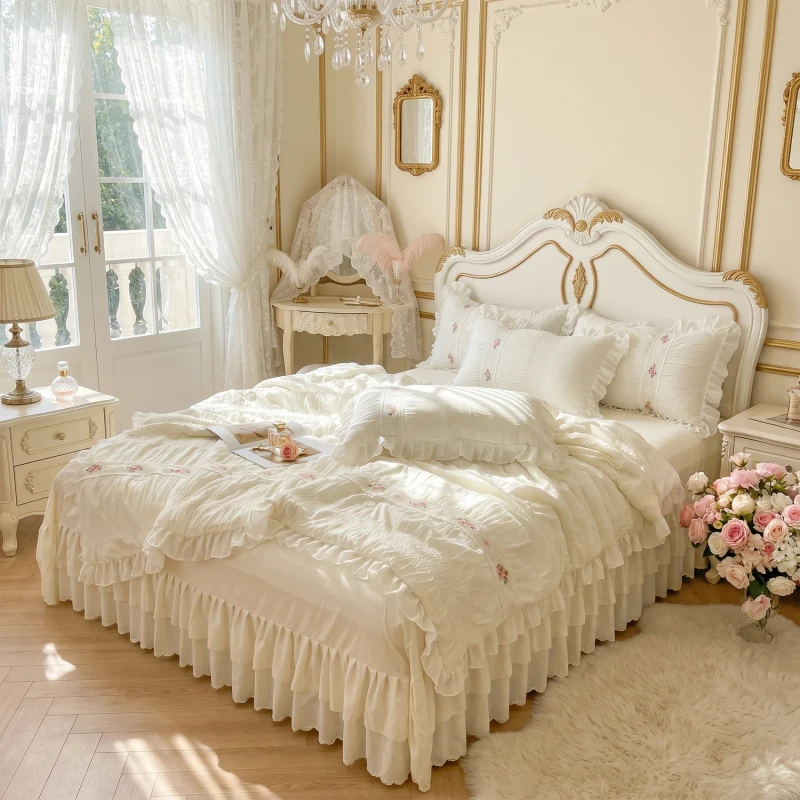 Custom-OEM-ODM-French-Style-Princess-Wind-Washed-Cotton-Four-Piece-Bed-Skirt-Set-With-Embroidery-for-Summer-Home-Bedroom