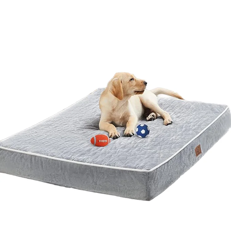 Custom-Printed-Logo-Solid-Linen-Modern-Rectangle-Light-Grey-Waterproof-Chew-Proof-Orthopedic-Foam-Dog-Bed-Packable
