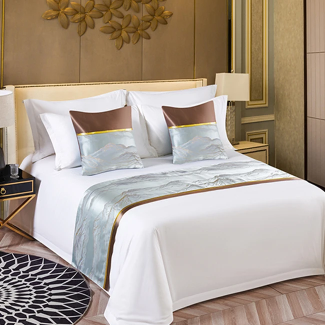 Custom-Size-Modern-Decorative-Hotel-Bed-Spread-Embroidered-Geometric-Pattern-Woven-100-Polyester-300tc-Bed-Runner-Sets