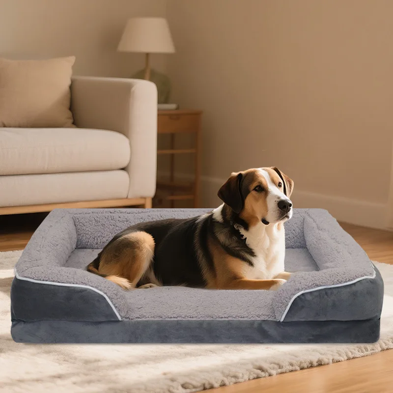 Custom-Washable-Luxury-Waterproof-Removable-Large-Memory-Foam-Linen-Rectangle-Orthopedic-Dog-Bed-Zipper