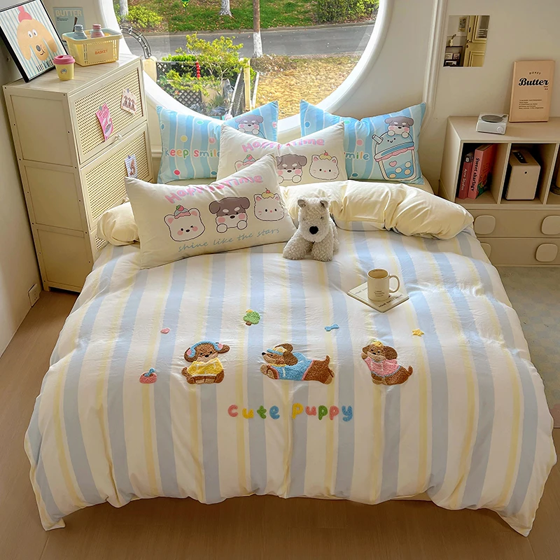 Customised-Child-Bed-Sheet-Duvet-Cover-Set-Cute-Towel-Embroidery-Washed-Cotton-Cartoon-4-Piece-Kids-Bedding-Set