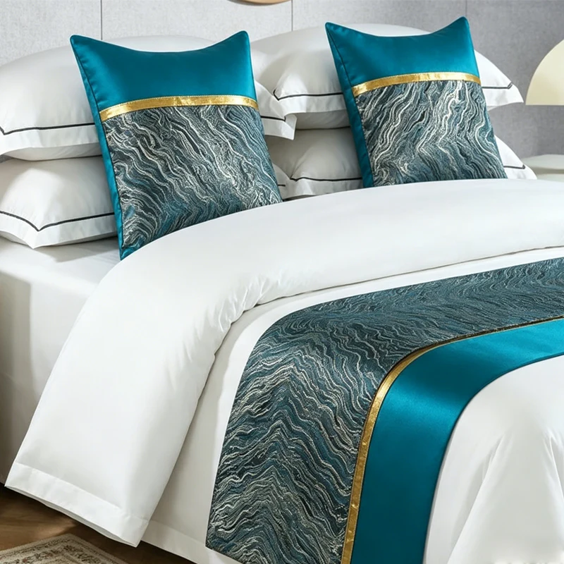 Customizable-Teal-Hotel-Bed-Runner-Set-High-Quality-Polyester-Jacquard-Bed-Scarf-with-Pillowcases-for-Hotel-Decoration