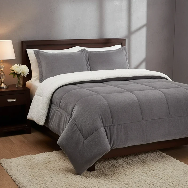 Customized-Ultra-Soft-100-Sherpa-Flannel-Reversible-Hypoallergenic-Bedding-Set-King-Size-Grey-Hotel