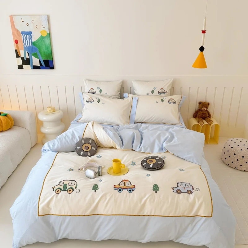 Cute-100S-Australia-Cotton-Blue-4-Piece-Embroidery-Cartoon-Fitted-Flat-Sheet-Kids-Bedding-Set