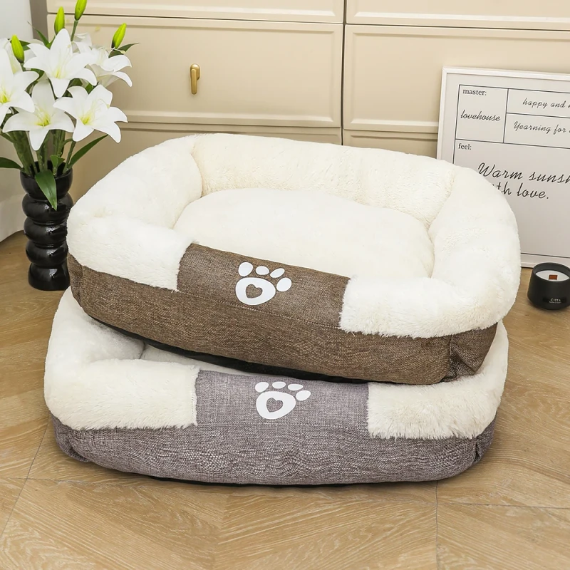 DO-Winter-High-End-Linen-Dog-Cat-Pet-Bed-New-Plush-Modern-Fashion-PP-Filling-Removable-Solid-Pattern-Square-Cotton-Linen-Warm