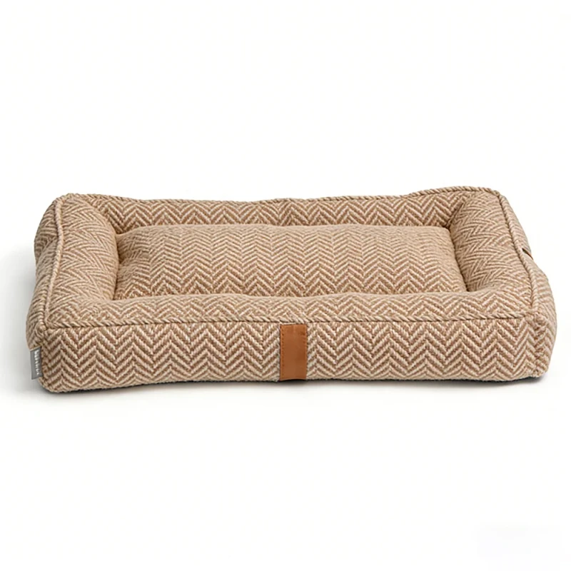 Diamond-Check-Linen-Fabric-Light-Brown-Rectangle-Modern-Dog-Bed