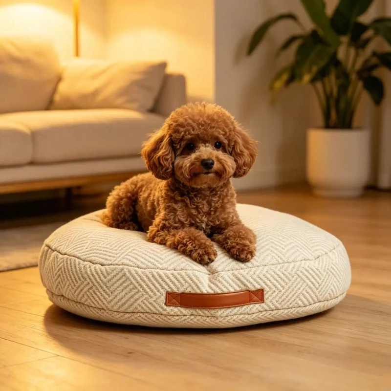Diamond-Check-Linen-Fabric-Round-Beige-Washable-Indestructible-Removable-Chew-Proof-Carton-Dog-Bed