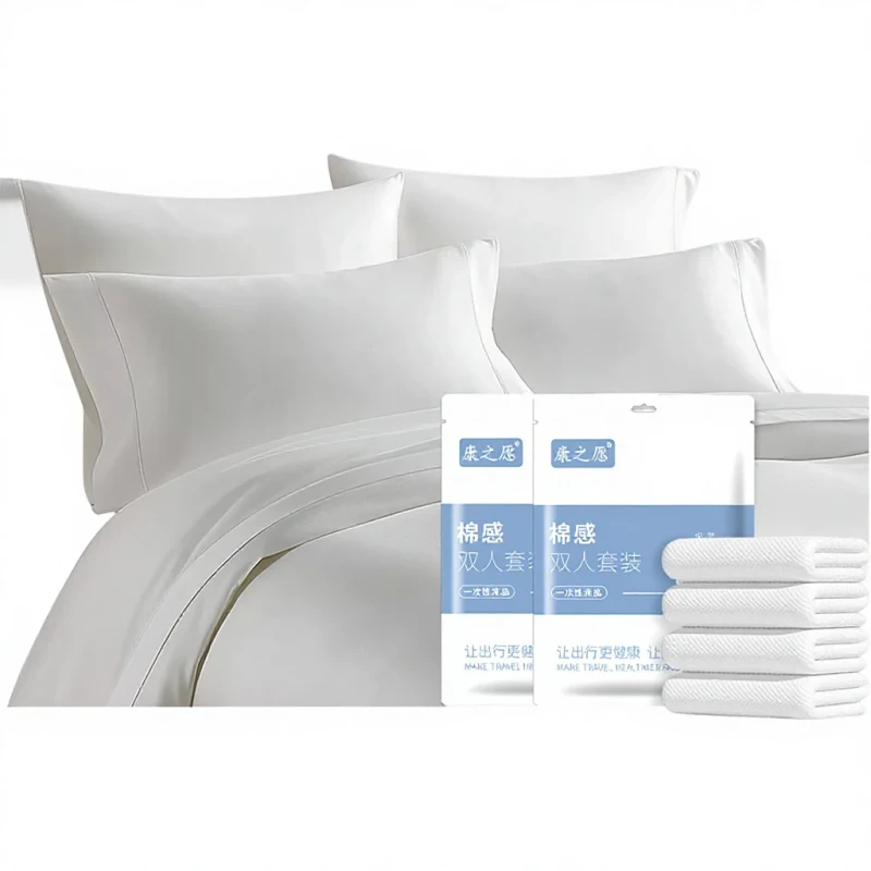 Disposable-Bed-Sheet-Four-Piece-Set-Travel-Duvet-Cover-Pillowcase-Double-Cotton-Feel-Individually-Packaged-Hotel-Supplies
