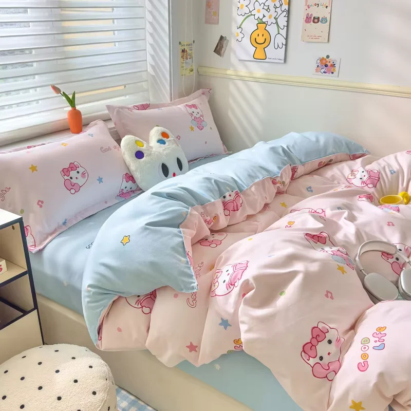 Disposable-Cartoon-Pattern-200TC-Washed-Cotton-4-Piece-Bedding-Set-for-Guest-Room-and-Visitor-Use