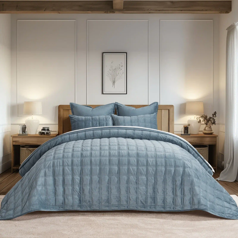 Double-Box-Stitch-Velvet-Quilt-Set-Thin-Comforter-Bedspreads-Coverlets-Stormy-Blue-Quilt-Bedding-Set