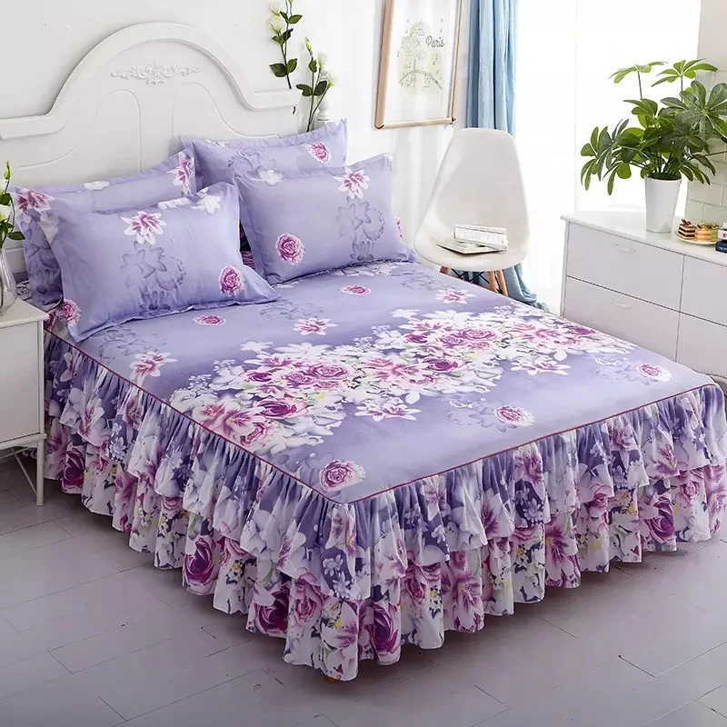 Double-Layer-Floral-Printed-500TC-Eco-friendly-Bedspread-Bilateral-Bed-Skirt-2-Pair-Pillowcases-Bed-Sheets